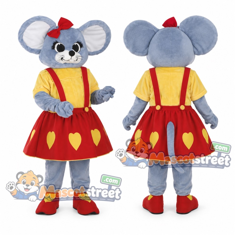 Gray Mouse Mascot Costume with Yellow Shirt and Red Skirt Gray Mouse Mascot Costume with Yellow Shirt and Red Skirt