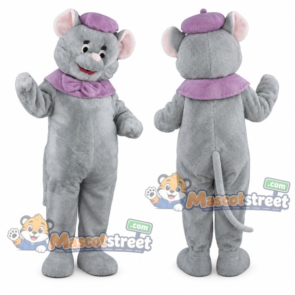 Gray Mouse Mascot Costume with Purple Cap and Scarf