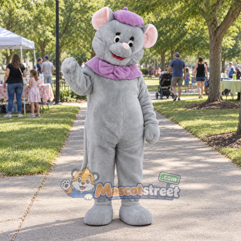 Gray Mouse Mascot Costume with Purple Cap and Scarf Gray Mouse Mascot Costume with Purple Cap and Scarf