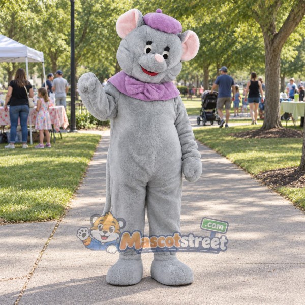 Gray Mouse Mascot Costume with Purple Cap and Scarf