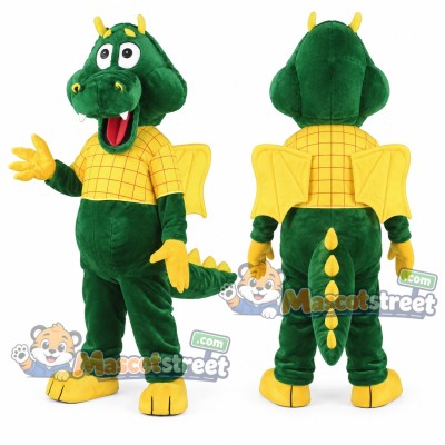 Green Dragon Mascot Costume with Yellow Shirt Green Dragon Mascot Costume with Yellow Shirt
