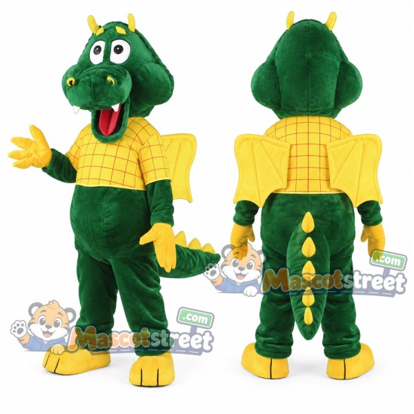Green Dragon Mascot Costume with Yellow Shirt
