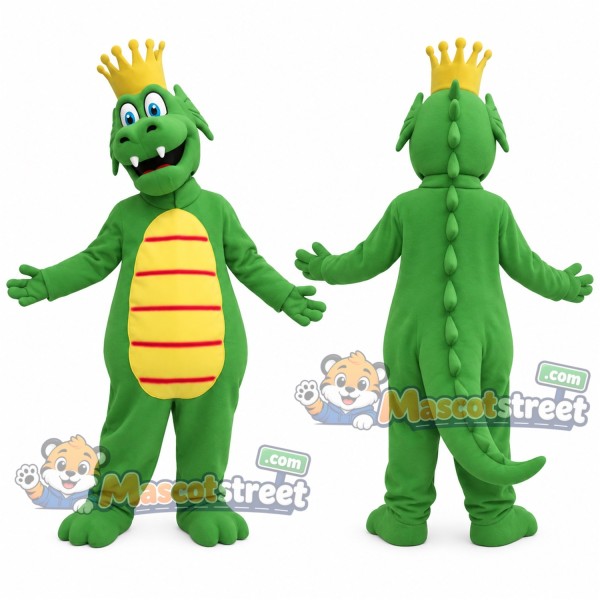 Green Dragon Mascot Costume with Yellow Crown