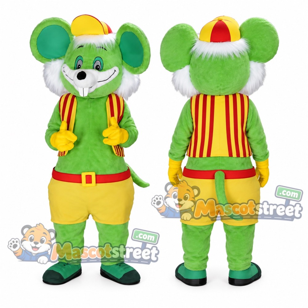 Green Mouse Mascot Costume with Striped Vest and Yellow Shorts