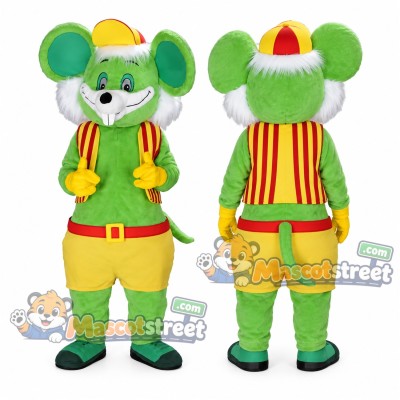 Green Mouse Mascot Costume with Striped Vest and Yellow Shorts