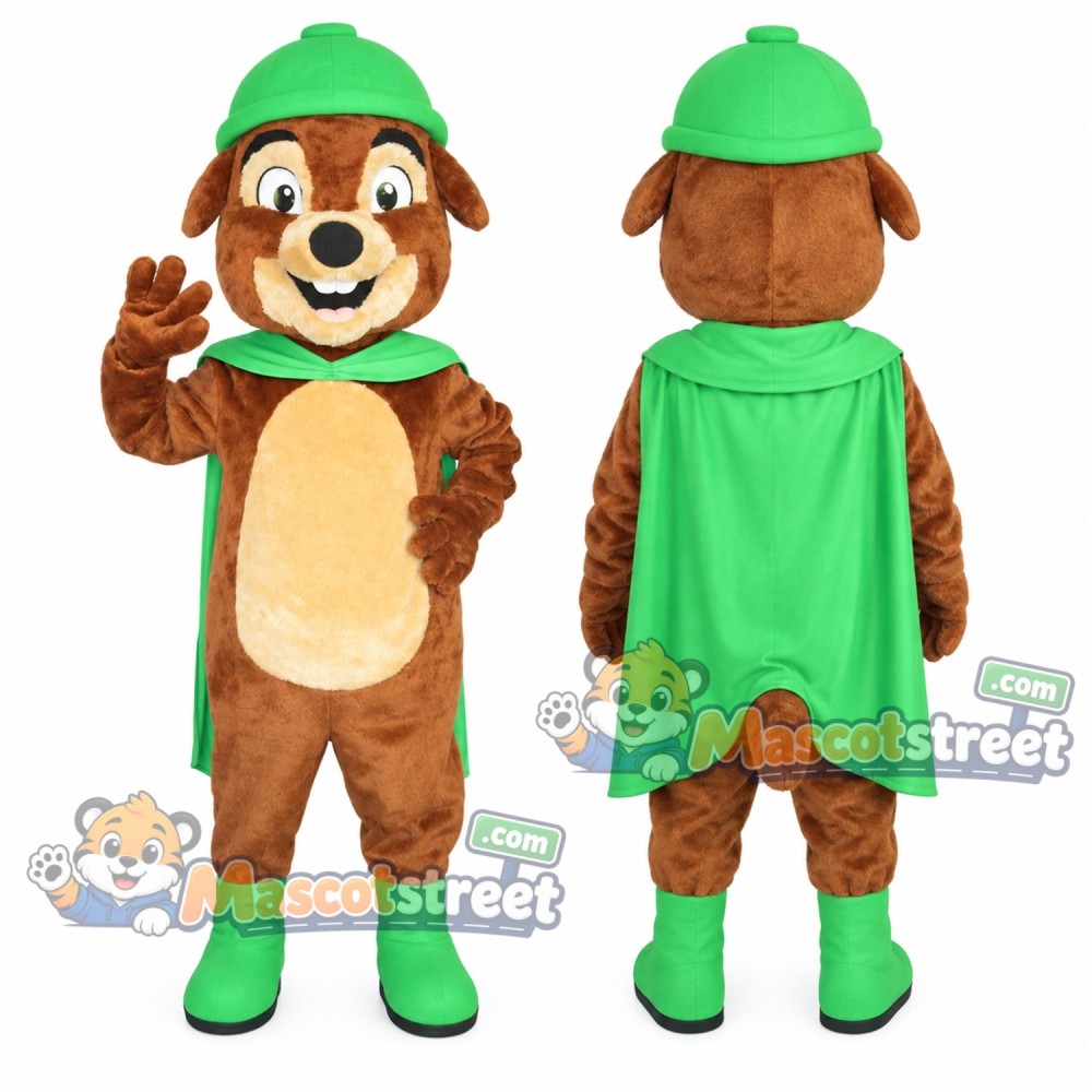 Brown Prairie Dog Mascot Costume with Green Cape and Cap Brown Prairie Dog Mascot Costume with Green Cape and Cap