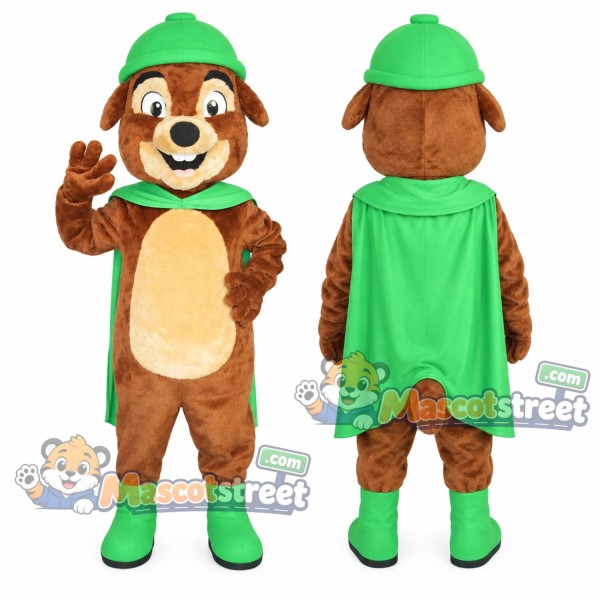 Brown Prairie Dog Mascot Costume with Green Cape and Cap