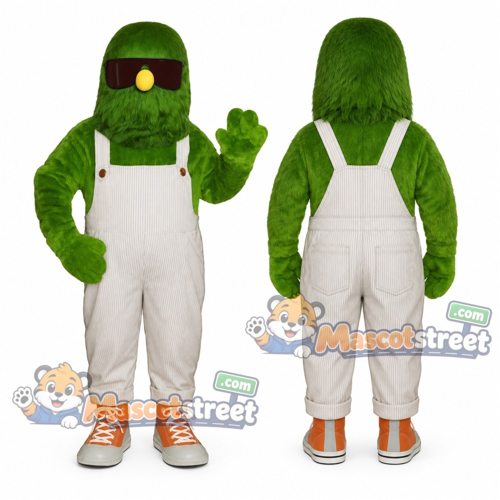 Green Monster Mascot Costume with White Overalls and Sunglasses