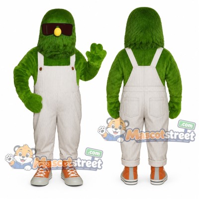 Green Monster Mascot Costume with White Overalls and Sunglasses