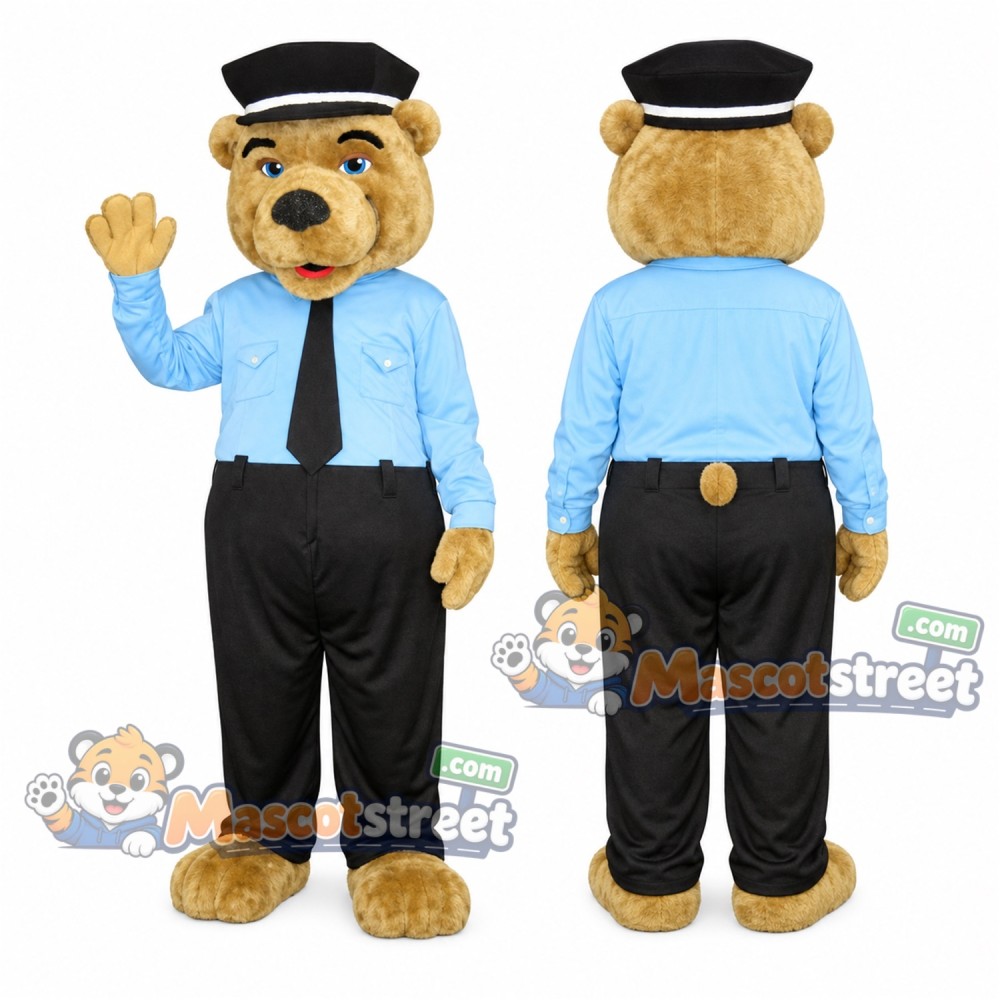 Tan Bear Mascot Costume with Blue Shirt, Black Pants and Cap Tan Bear Mascot Costume with Blue Shirt, Black Pants and Cap