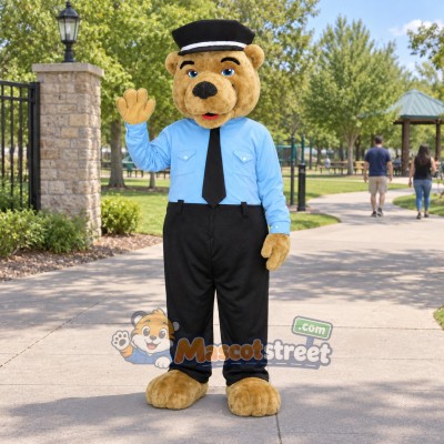Tan Bear Mascot Costume with Blue Shirt, Black Pants and Cap