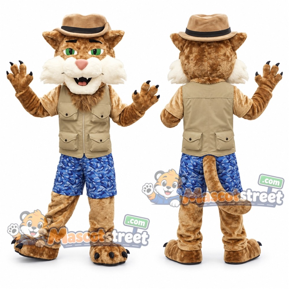 Brown Cat Mascot Costume with Safari Vest, Blue Shorts and Hat