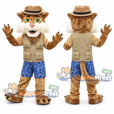 Brown Cat Mascot Costume with Safari Vest, Blue Shorts and Hat