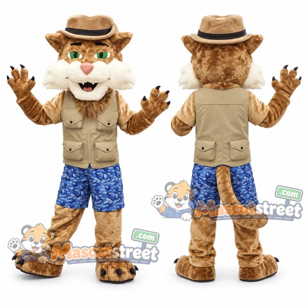 Brown Cat Mascot Costume with Safari Vest, Blue Shorts and Hat