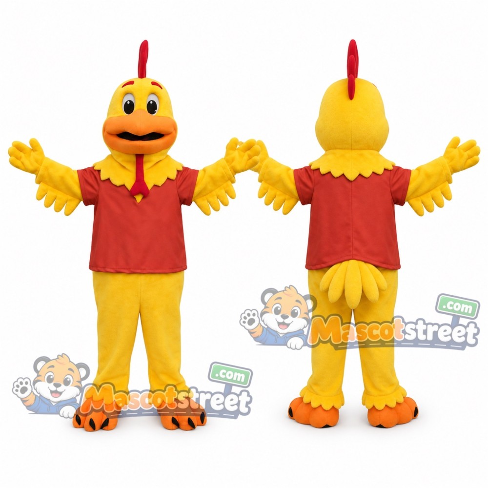 Yellow Chicken Mascot Costume with Red Shirt