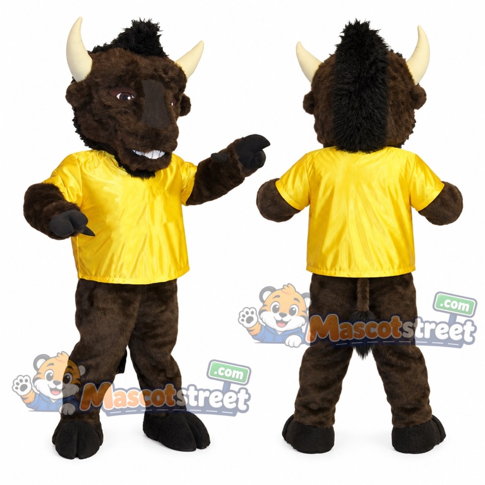 Brown Bison Mascot Costume with Yellow Shirt Brown Bison Mascot Costume with Yellow Shirt
