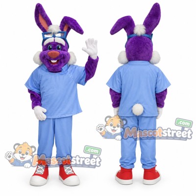 Purple Rabbit Mascot Costume with Light Blue Medical Scrubs Purple Rabbit Mascot Costume with Light Blue Medical Scrubs