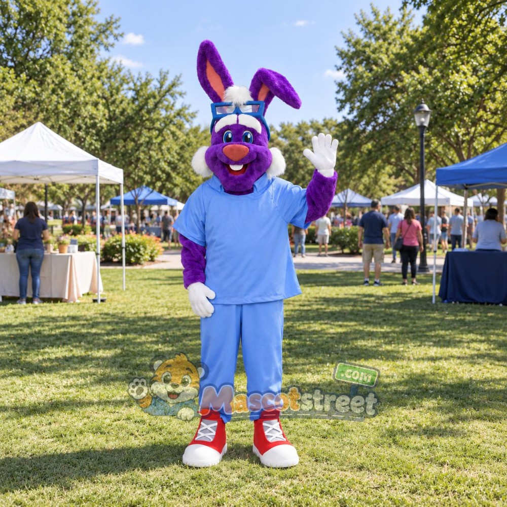 Purple Rabbit Mascot Costume with Light Blue Medical Scrubs Purple Rabbit Mascot Costume with Light Blue Medical Scrubs