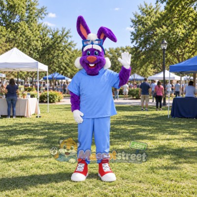 Purple Rabbit Mascot Costume with Light Blue Medical Scrubs Purple Rabbit Mascot Costume with Light Blue Medical Scrubs