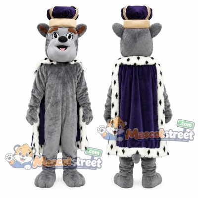 Gray Dog Mascot Costume with Crown and Purple Royal Cape