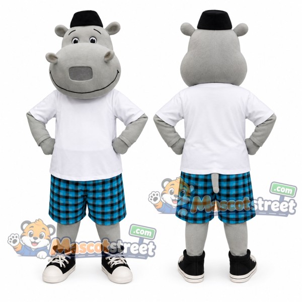 Gray Hippo Mascot Costume with White Shirt, Plaid Shorts and Bowler Hat