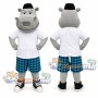 Gray Hippo Mascot Costume with White Shirt, Plaid Shorts and Bowler Hat
