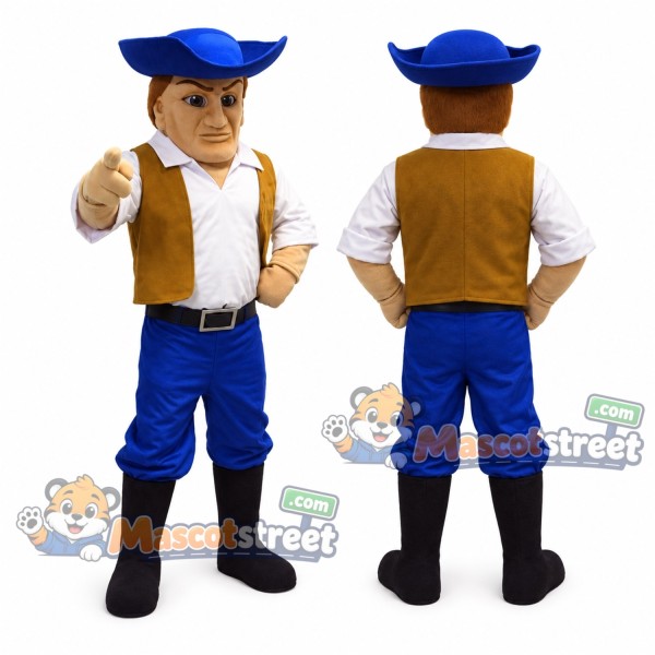 Colonial Man Mascot Costume with Brown Vest, Blue Pants and Tricorn Hat