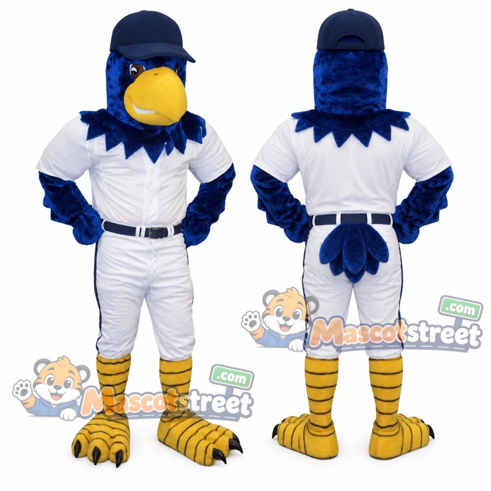 Blue Hawk Mascot Costume with White Baseball Uniform Blue Hawk Mascot Costume with White Baseball Uniform