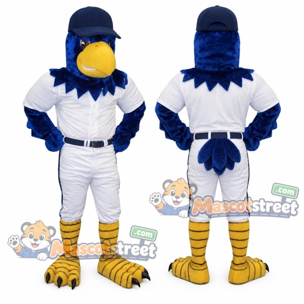 Blue Hawk Mascot Costume with White Baseball Uniform