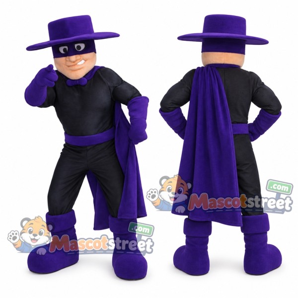 Masked Raider Mascot Costume with Black Outfit and Purple Cape