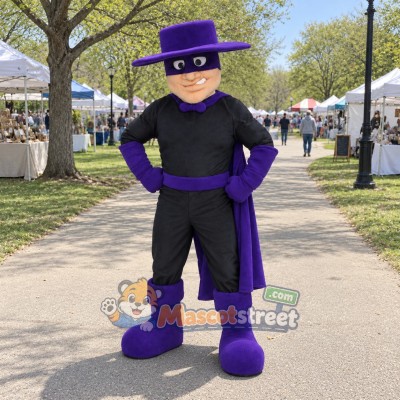 Masked Raider Mascot Costume with Black Outfit and Purple Cape Masked Raider Mascot Costume with Black Outfit and Purple Cape