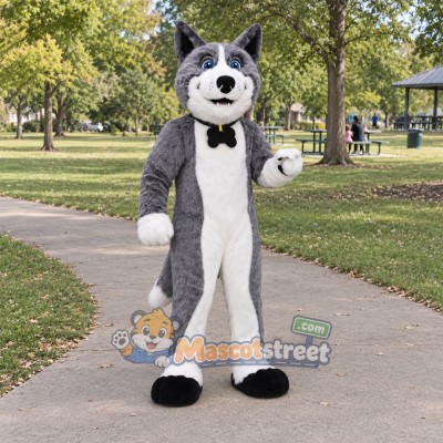 Gray Dog Mascot Costume with Black Bow Tie Gray Dog Mascot Costume with Black Bow Tie