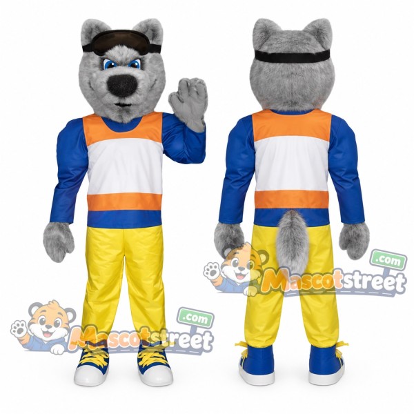 Gray Wolf Mascot Costume with Striped Shirt and Yellow Pants
