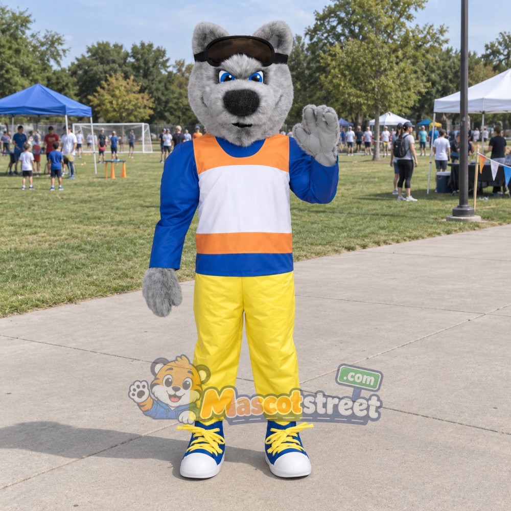 Gray Wolf Mascot Costume with Striped Shirt and Yellow Pants Gray Wolf Mascot Costume with Striped Shirt and Yellow Pants