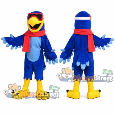 Blue Hawk Mascot Costume with Red Scarf and Blue Hat Blue Hawk Mascot Costume with Red Scarf and Blue Hat