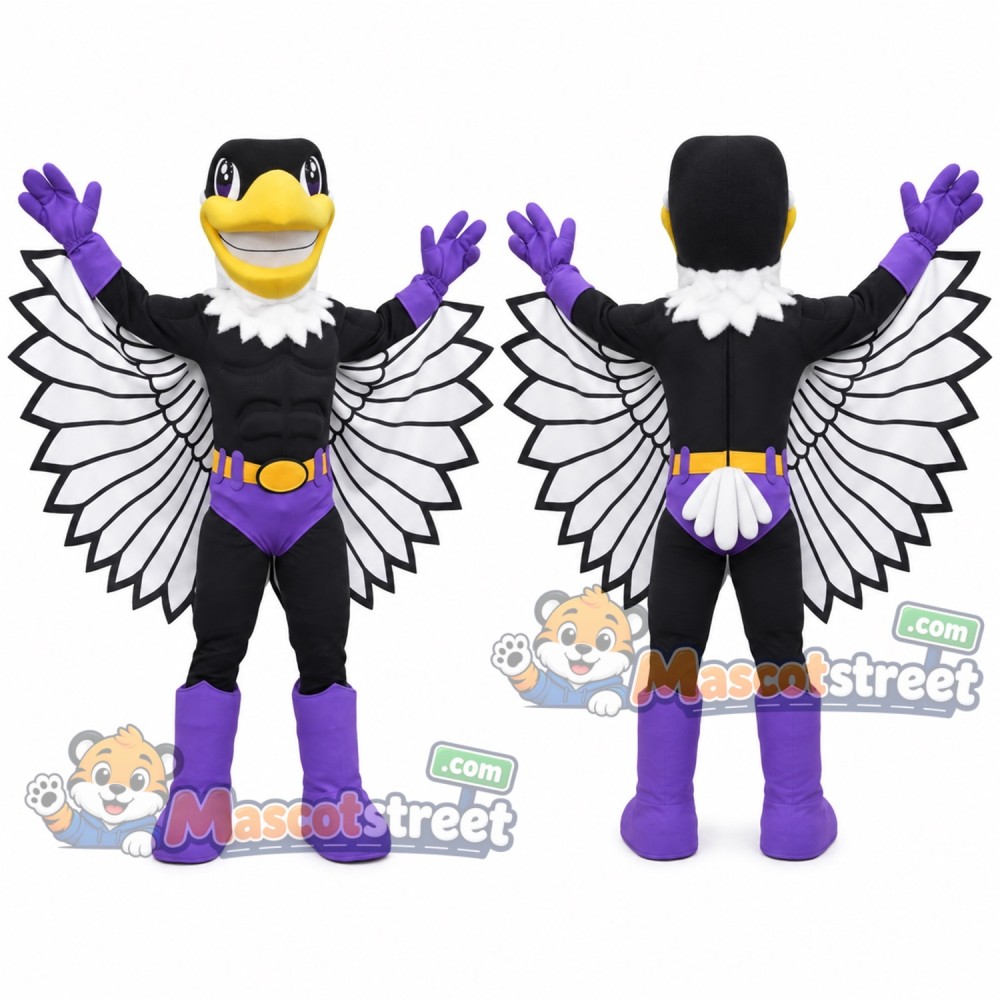 Black Bird Superhero Mascot Costume with Purple Boots Black Bird Superhero Mascot Costume with Purple Boots