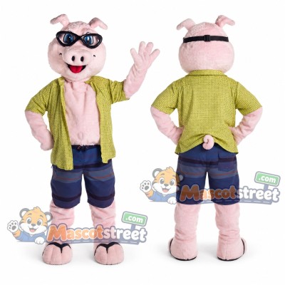 Pink Pig Mascot Costume with Green Shirt, Blue Shorts and Sunglasses