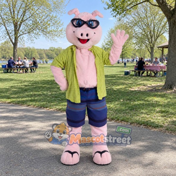 Pink Pig Mascot Costume with Green Shirt, Blue Shorts and Sunglasses