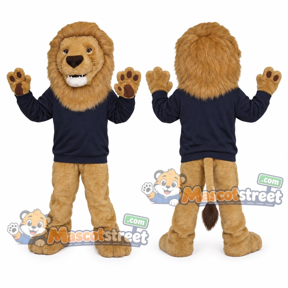 Tan Lion Mascot Costume with Navy Shirt Tan Lion Mascot Costume with Navy Shirt