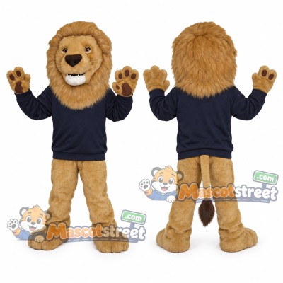 Tan Lion Mascot Costume with Navy Shirt Tan Lion Mascot Costume with Navy Shirt