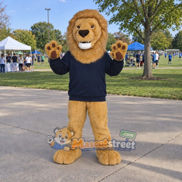 Tan Lion Mascot Costume with Navy Shirt