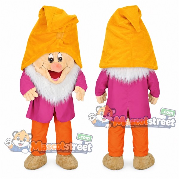 Dwarf Mascot Costume with Pink Coat, Orange Pants and Yellow Hat