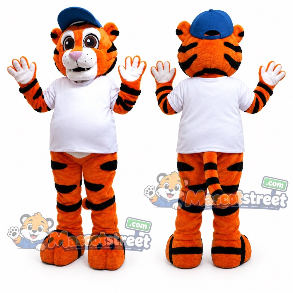 Orange Tiger Mascot Costume with White Shirt and Blue Cap Orange Tiger Mascot Costume with White Shirt and Blue Cap