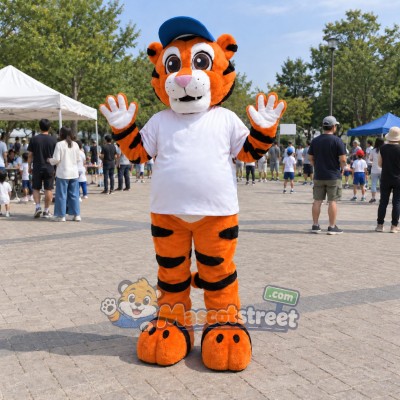 Orange Tiger Mascot Costume with White Shirt and Blue Cap Orange Tiger Mascot Costume with White Shirt and Blue Cap