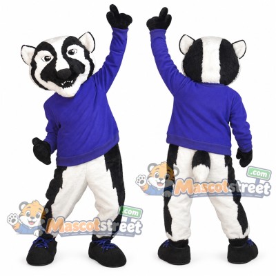 Black and White Badger Mascot Costume with Blue Shirt