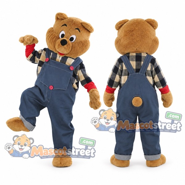 Tan Bear Mascot Costume with Plaid Shirt and Blue Overalls