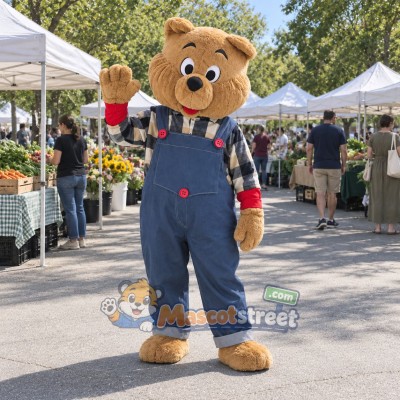 Tan Bear Mascot Costume with Plaid Shirt and Blue Overalls