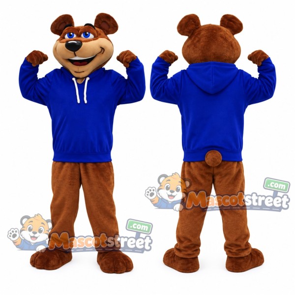 Brown Bear Mascot Costume with Blue Hoodie and Sunglasses