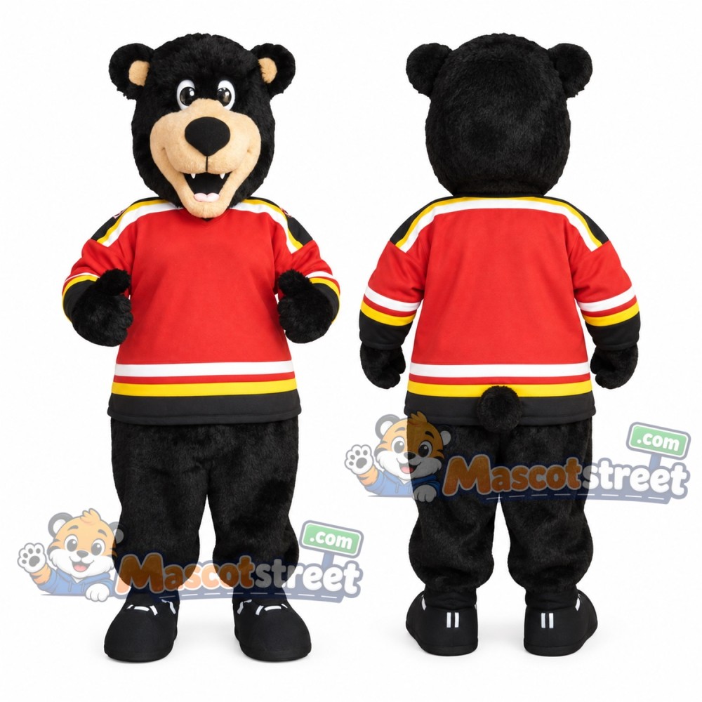 Black Bear Mascot Costume with Red Sports Shirt and Black Pants Black Bear Mascot Costume with Red Sports Shirt and Black Pants