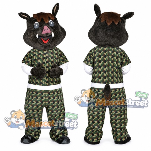 Black Boar Mascot Costume with Green Patterned Outfit